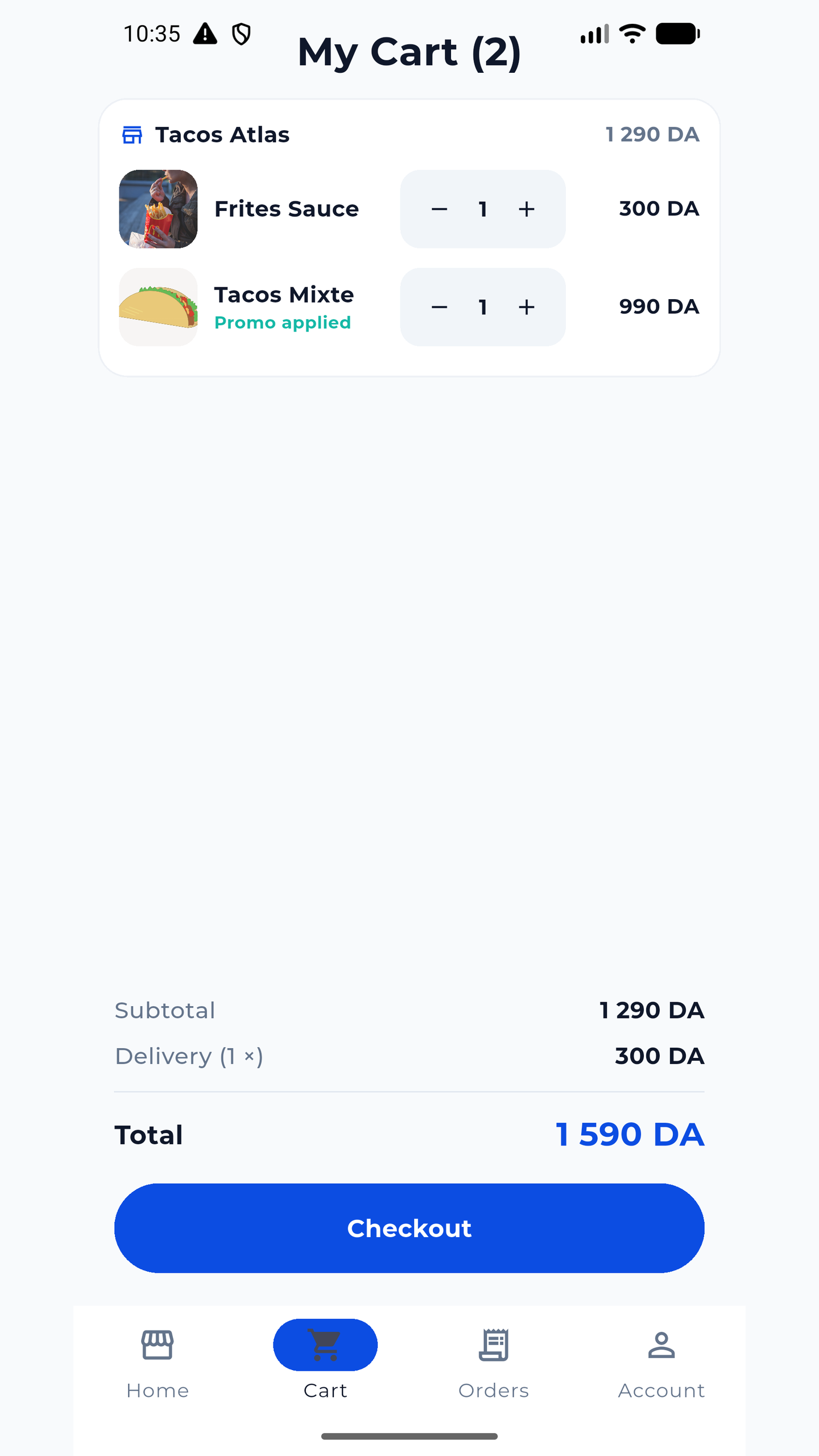 Shopping cart screen with live totals and item quantity controls