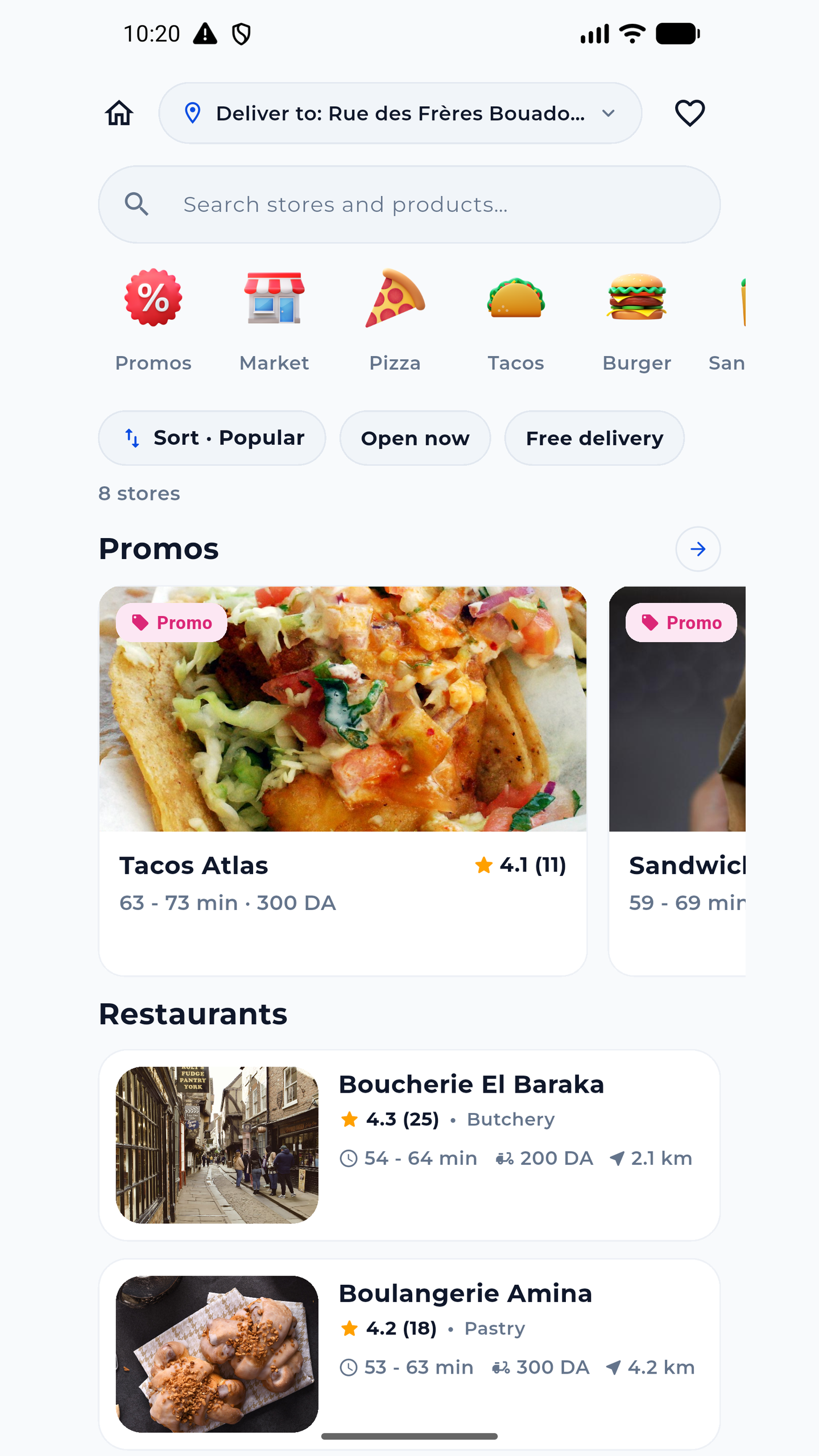 Store listings with ratings, delivery fees, and estimated times